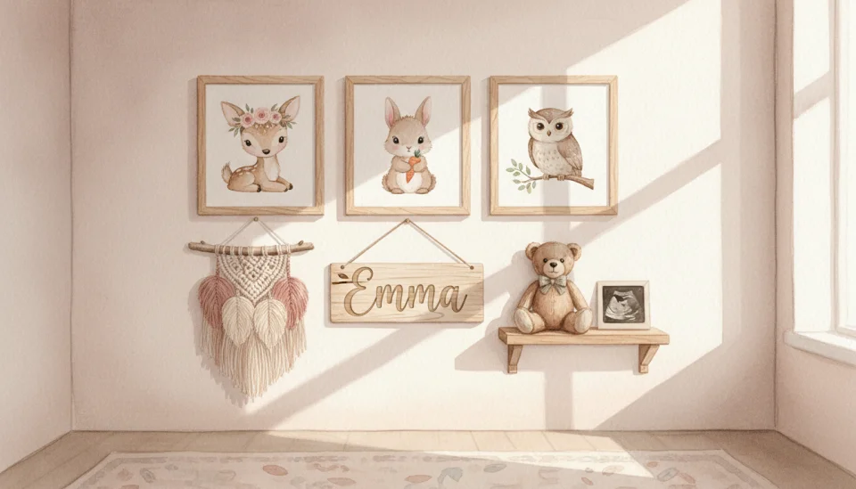 Watercolor illustration showing a wall gallery in a nursery: framed watercolor prints of gentle forest animals (deer, rabbit, owl) in soft earthy tones, a wooden name sign with the baby name "Emma" in cursive letters, a macrame wall hanging with feathers, a small shelf with a vintage teddy bear and a framed ultrasound photo, warm afternoon light, close-up perspective, 85mm portrait feel, shallow depth of field, nostalgic and loving mood, muted pinks and forest greens