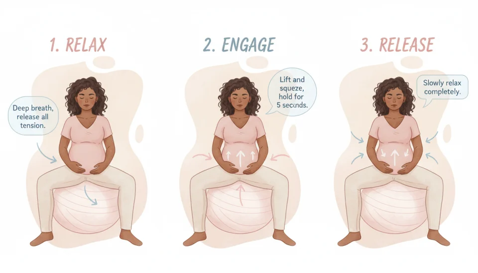 Watercolor educational illustration showing a step-by-step guide to pelvic floor exercises for pregnant women, featuring three sequential panels with a woman of Portuguese descent in comfortable clothing sitting on a birthing ball, first panel shows relaxed position, second shows engagement, third shows release, soft instructional arrows and gentle text labels in pastel colors, clean infographic style, warm beige and soft pink tones, educational yet approachable, top-down perspective