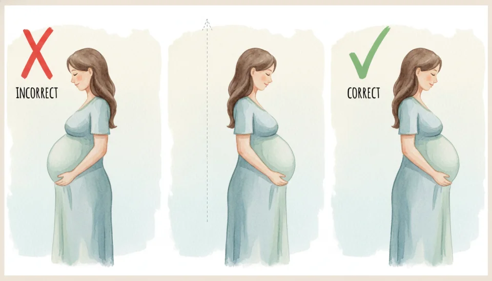 Watercolor educational illustration showing three side-by-side comparison panels of a pregnant woman demonstrating posture: first panel shows incorrect posture with exaggerated lower back arch labeled with a red X, middle panel shows the imaginary string pulling upward from the crown of the head with dotted line, third panel shows correct aligned posture with green checkmark, soft instructional style with muted colors, clear visual teaching aid, simple background, gentle educational tone