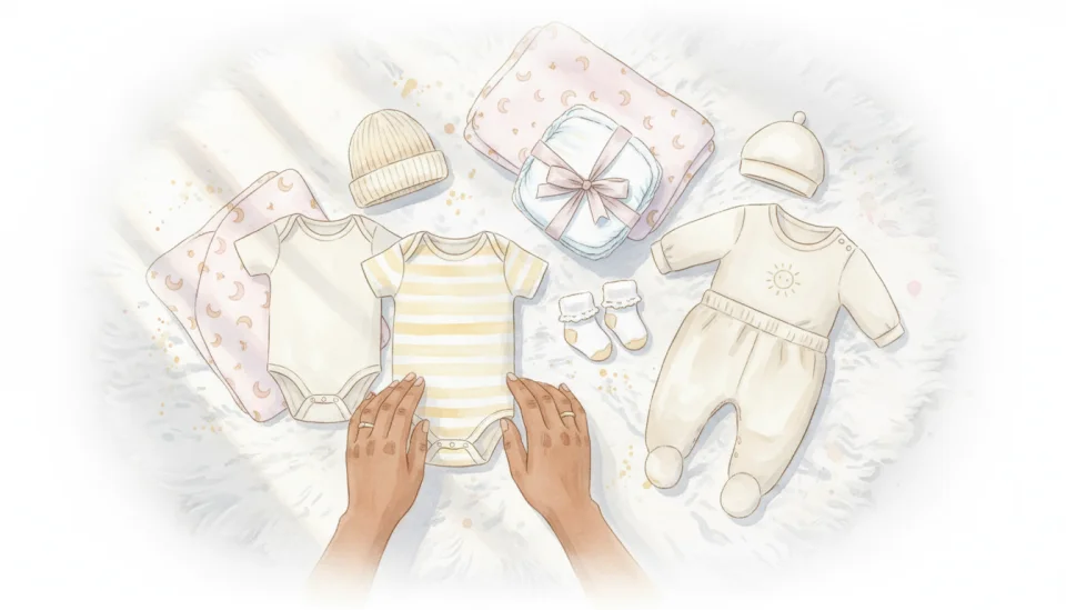 Watercolor illustration showing a flat lay of newborn baby essentials on a soft white blanket, natural window light, tiny onesies in cream and soft yellow, a knitted baby hat, newborn diapers, a swaddle blanket with delicate pattern, baby socks, and a going-home outfit neatly folded, overhead view, 24mm wide angle feel, pastel watercolor washes in pinks and yellows, gentle and tender mood, African mother hands gently arranging items, dreamy soft focus on edges