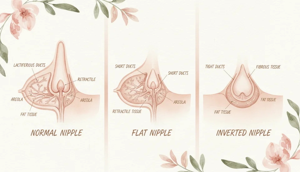 Watercolor educational illustration showing cross-section comparison of three nipple types: normal, flat, and inverted, presented as gentle botanical-style scientific diagram with soft pink and beige tones, delicate line work, educational labels in elegant handwritten style, surrounded by decorative watercolor leaves and flowers, informative yet warm and non-clinical aesthetic, side-by-side panel layout, reassuring and inclusive visual approach