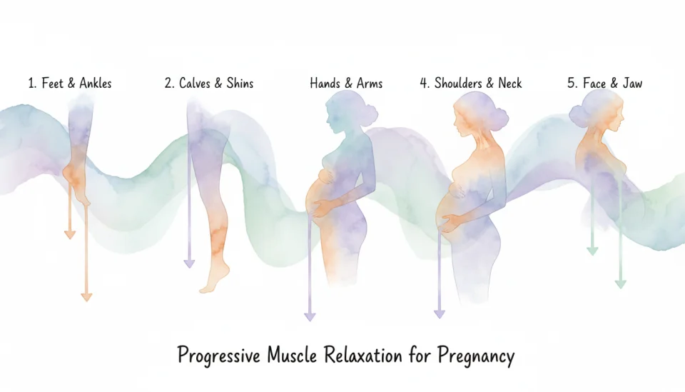 Watercolor infographic illustration showing a step-by-step progressive muscle relaxation sequence for pregnant women, displayed as five connected panels flowing from left to right like a gentle wave, each panel showing a different body part highlighted in soft glowing amber (feet, legs, hands, shoulders, face), ethereal female silhouette in profile with visible baby bump in center, arrows indicating tension release flowing downward like watercolor drips in calming lavender and mint green, minimalist clean design with handwritten labels in gentle script, educational yet artistic, soft gradients and transparent layers, wide horizontal composition