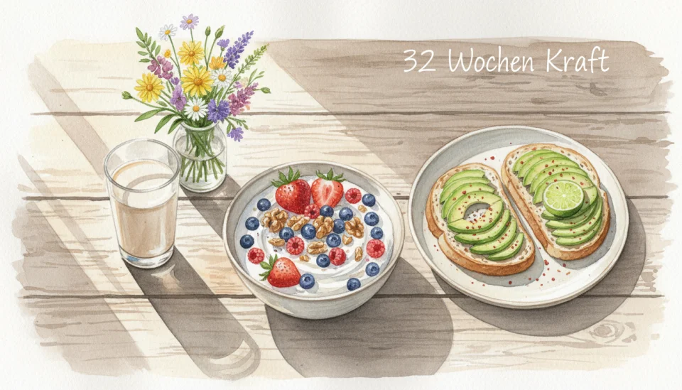 Watercolor still life illustration titled "Nourishment for Two" showing a beautifully arranged breakfast scene on a rustic wooden table, bowl of Greek yogurt with fresh berries and walnuts, glass of fortified plant milk, plate with whole grain toast and avocado, small vase with wildflowers, morning sunlight casting soft shadows, painted in a fresh and appetizing style with vibrant colors of red berries, green avocado, golden toast, the composition feels inviting and healthful, delicate text overlay in handwritten style reads "32 Wochen Kraft", watercolor technique with visible brushstrokes and color bleeds