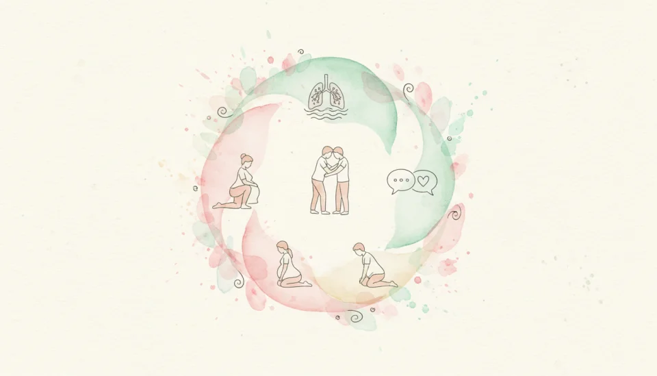 Watercolor illustration showing a step-by-step visual guide for birth preparation, styled as a gentle infographic with hand-drawn elements, featuring icons for breathing exercises, massage techniques, birth positions, and communication tips, soft pastel palette of mint green, blush pink, and cream, organized in a circular flow with delicate watercolor washes, educational yet warm and approachable, wide angle view, no visible text labels but clear symbolic imagery, artistic and inviting design for couples