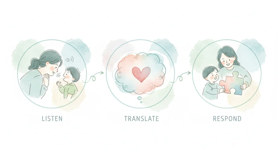 An educational illustration in soft watercolor showing three connected circular panels like a gentle flowchart: first panel shows a mother listening attentively to her child, second panel depicts a thought bubble with a heart symbol representing understanding needs, third panel shows mother and child finding a solution together, muted blues and greens, clean simple design with minimal text labels in English (LISTEN - TRANSLATE - RESPOND), wide angle 24mm perspective giving overview of the process