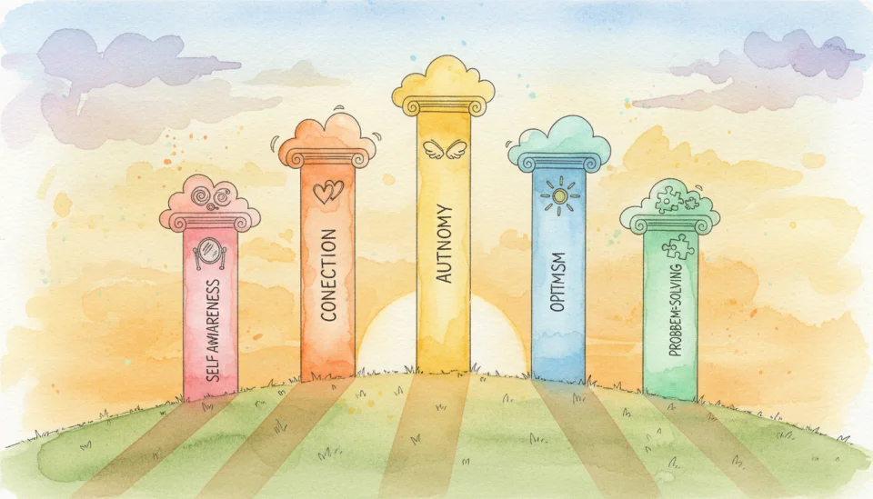 Watercolor educational illustration showing five colorful pillars standing on a gentle hill at sunset, each pillar labeled with a resilience concept in playful hand-lettering: SELF-AWARENESS (soft pink), CONNECTION (warm orange), AUTONOMY (sunny yellow), OPTIMISM (sky blue), PROBLEM-SOLVING (mint green), each pillar decorated with simple icons (mirror, hearts, wings, sun, puzzle pieces), wide angle 24mm perspective, deep depth of field, warm golden hour light, whimsical yet grounded atmosphere, delicate watercolor washes and fine ink details, conceptual yet accessible visual metaphor