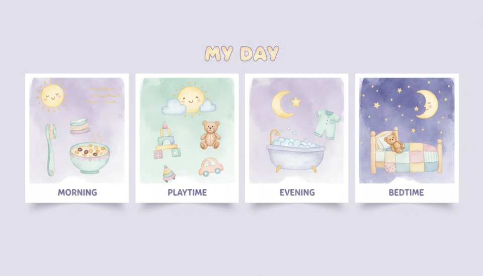 Watercolor step-by-step visual panel showing a daily routine chart for children, four connected scenes in soft watercolor style: morning sun with toothbrush and breakfast bowl, midday scene with toys and play, evening moon with bath and pajamas, night stars with bed and teddy bear, gentle pastel colors of lavender, mint and butter yellow, simple iconic illustrations, wide angle view showing all panels together, atmosphere of calm predictability and child-friendly structure, educational poster aesthetic with clear visual flow
