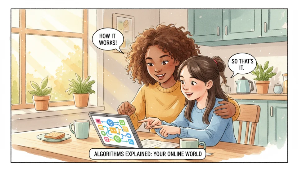 An illustrated infographic panel showing a mother and her preteen daughter sitting together at a kitchen table with a tablet between them, morning sunlight streaming through a window, the tablet screen shows simple diagrams of how social media algorithms work with colorful arrows and symbols, both figures are engaged and pointing at the screen, the mother has warm brown skin and natural curly hair, the daughter has lighter skin and straight dark hair, watercolor style with educational elements, bright and optimistic color palette of sunshine yellow, fresh green, and sky blue, the scene conveys collaborative learning and open communication, medium shot with clear details