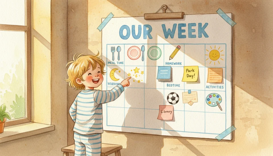 Watercolor illustration of a vibrant weekly planner hanging on a kitchen wall, close-up view showing hand-drawn icons for meal times, homework, bedtime, and activities, a small European child pointing at it with excitement, bright morning light, cheerful palette of sunny yellow and sky blue, texture of paper and colorful sticky notes, 35mm reportage style capturing authentic family life detail