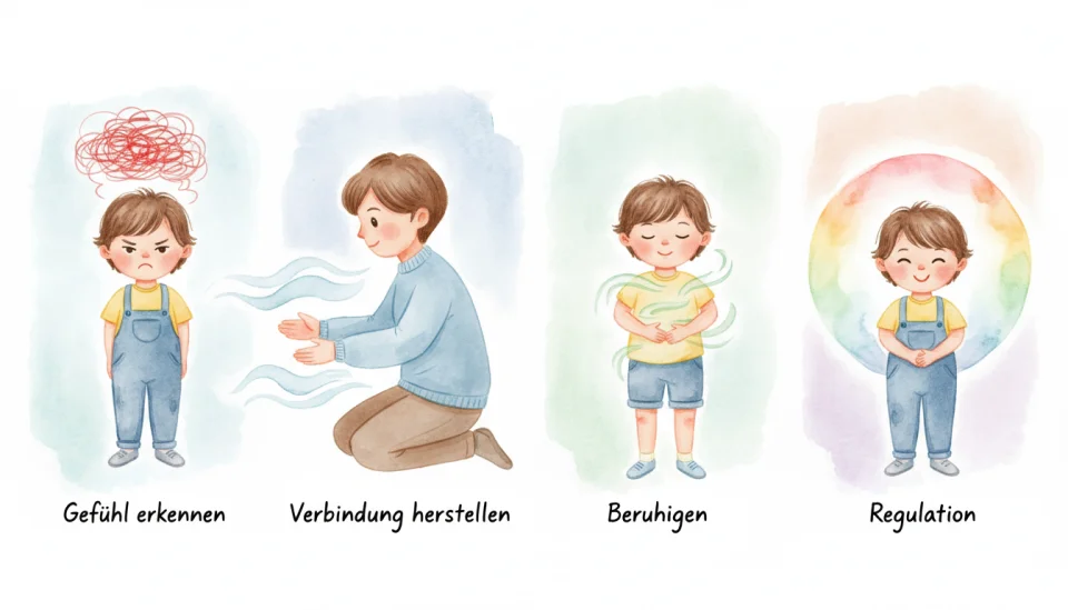 Watercolor educational illustration showing four panels in a step-by-step sequence: Panel 1 shows a child looking frustrated with scribbled red emotion cloud above head, Panel 2 shows parent kneeling down offering comfort with soft blue calming waves, Panel 3 displays child taking deep breaths with gentle green flowing lines, Panel 4 shows child smiling with rainbow-colored peaceful aura, entire illustration uses soft pastel watercolors with flowing transitions between panels, hand-lettered text labels in German: Gefühl erkennen, Verbindung herstellen, Beruhigen, Regulation, painted in gentle instructional style with warm educational tone