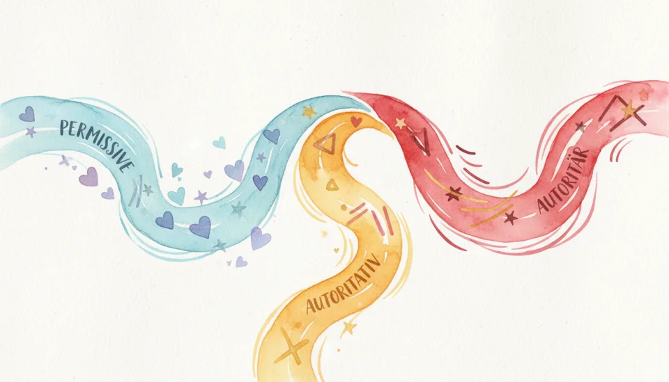 Watercolor infographic illustration showing two contrasting parenting paths as gentle watercolor streams flowing in different directions, left stream in cool blues labeled PERMISSIVE with floating hearts and stars, right stream in warm reds labeled AUTHORITY with geometric shapes and lines, center showing a balanced golden stream labeled AUTHORITATIVE with harmonious blend of both elements, painted with flowing gradients and soft edges, educational yet artistic, top-down perspective, text integrated naturally into the flowing design