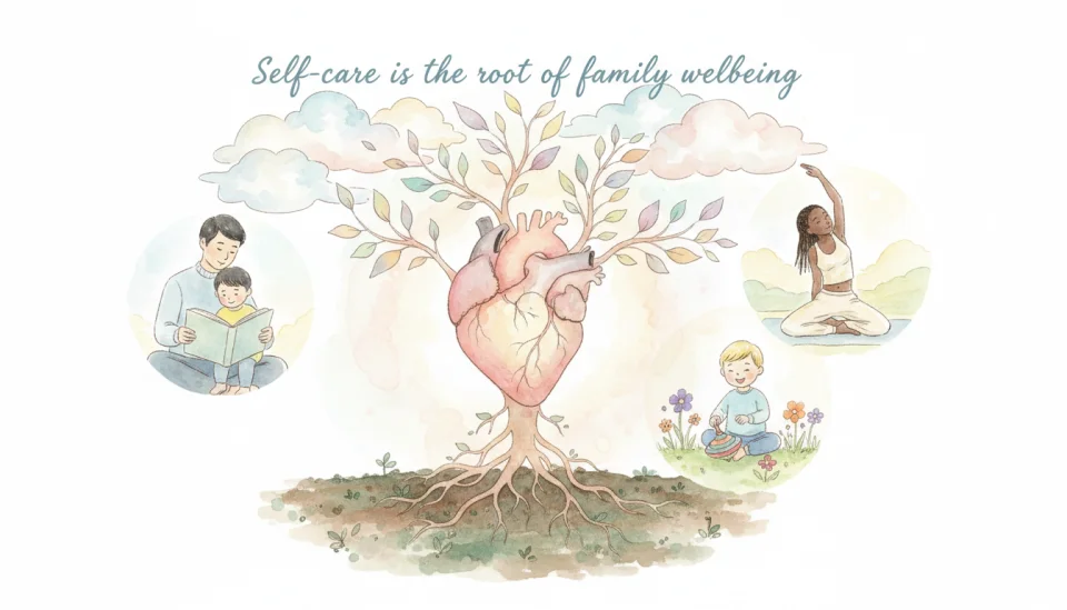 Watercolor illustration in soft pastel tones showing a visual metaphor: A glowing heart in the center with gentle roots extending downward into rich earth and branches reaching upward toward soft clouds. Around the heart, small watercolor vignettes show diverse families (Asian, African, European) engaging in gentle activities: a father reading, a mother stretching, a child playing. The composition suggests interconnection and balance. Watercolor washes blend seamlessly with delicate line work. Text overlay in elegant handwritten script: "Self-care is the root of family wellbeing." Atmosphere: hopeful, nurturing, holistic. Perspective: centered, symbolic, uplifting.