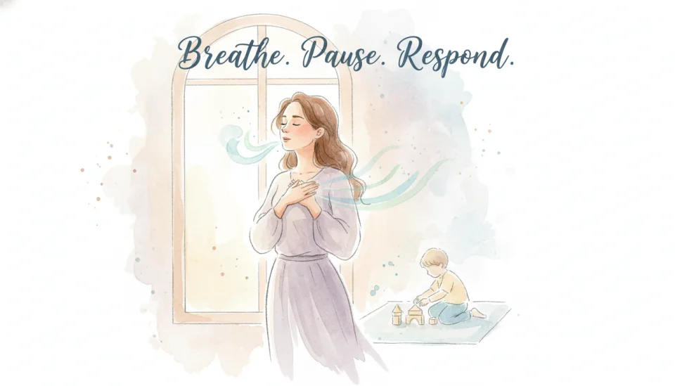 Watercolor illustration showing a peaceful self-care moment: a mother standing by a window with her eyes closed, taking a deep breath, one hand on her chest. Soft natural light illuminates her face. In the background, slightly blurred, a child plays quietly. The scene conveys calm, mindfulness, and emotional regulation. Include subtle visual elements suggesting breath – perhaps gentle flowing lines or soft color gradients in blues and greens. Text overlay in elegant handwriting: Breathe. Pause. Respond. The overall mood is serene and grounding, painted with delicate watercolor techniques.