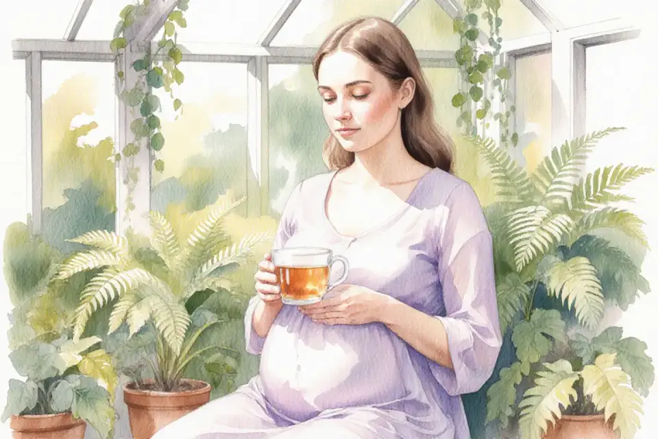 Watercolor illustration of a pregnant woman in her second trimester sitting peacefully in a sun-drenched conservatory filled with lush green plants, soft morning light streaming through glass panels creating gentle shadows, she holds a steaming cup of herbal tea with both hands, her expression serene and contemplative, wearing a flowing lavender dress, warm golden and sage green tones dominate, delicate watercolor washes create a dreamy atmosphere, potted ferns and trailing ivy frame the composition, the scene radiates calm acceptance and gentle self-care