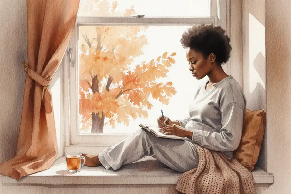 Watercolor scene of an African woman in her third trimester writing in a journal while sitting cross-legged on a cozy window seat, autumn leaves visible through the window, warm afternoon light, she wears comfortable grey loungewear, a soft knitted blanket draped over her legs, expression peaceful and introspective, warm amber and terracotta tones, loose watercolor technique with visible brushstrokes, a cup of chamomile tea beside her, the scene conveys gentle self-reflection and emotional acceptance
