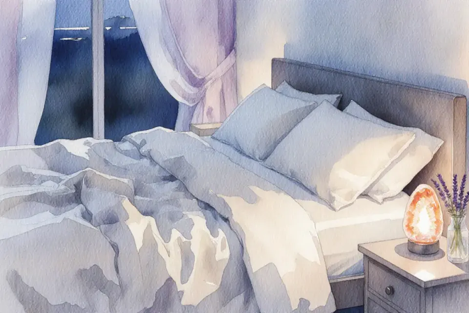 Watercolor illustration of a serene bedroom at dusk, soft twilight blue and lavender tones, a comfortable bed with rumpled linen sheets in cream and pale grey, a Himalayan salt lamp casting warm amber glow, lavender sprigs in a small vase on the nightstand, sheer curtains gently moving in evening breeze, the composition shot from a low angle emphasizing the inviting bed, dreamy watercolor washes create a peaceful atmosphere, no person visible but the scene radiates restful sanctuary
