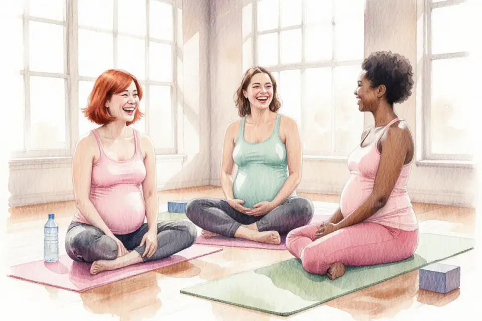 Watercolor scene of three diverse pregnant women sitting in a circle on yoga mats in a bright studio with large windows, they are laughing together during a prenatal class break, one Asian woman, one European woman with red hair, one woman with darker skin tone, all in comfortable athletic wear, warm natural light floods the space, soft pink, mint green and warm beige color palette, loose watercolor style with light and airy feel, yoga blocks and water bottles nearby, the scene radiates community and shared joy