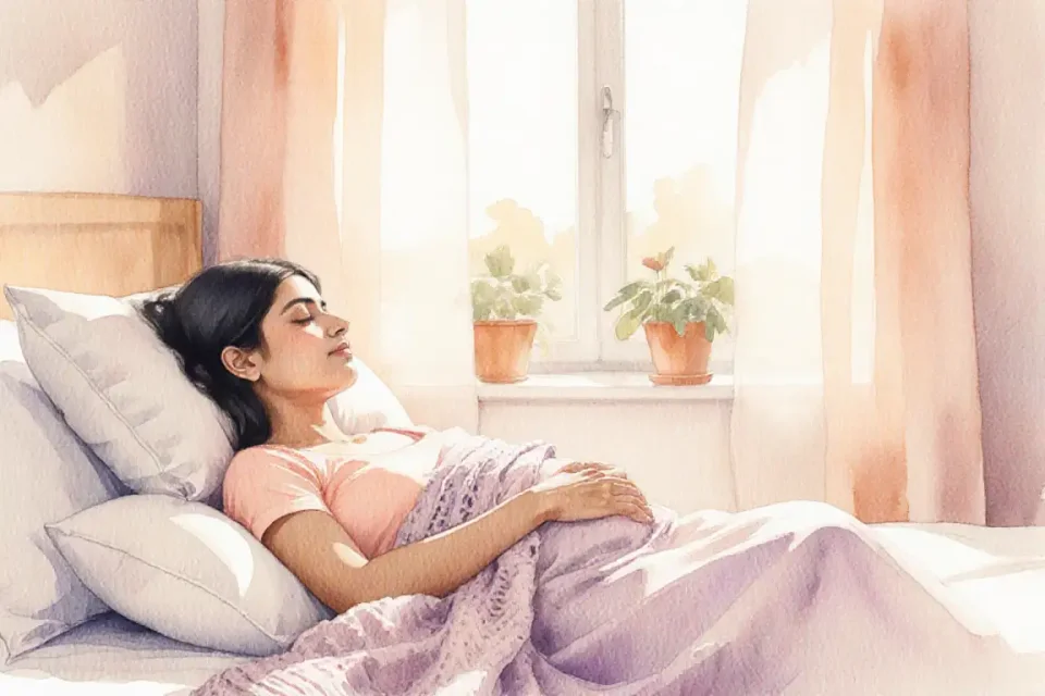 Illustration aquarelle d'une atmosphère sereine dans une chambre au petit matin, douce lumière dorée filtrant à travers des rideaux légers, une femme enceinte d'origine sud-asiatique dormant paisiblement sur son côté gauche avec un coussin corporel, tons pastel chaleureux de pêche et de lavande, ombres douces créant de la profondeur, couverture en tricot confortable drapée sur elle, plantes en pot sur le rebord de la fenêtre, ambiance paisible et pleine d'espoir, peinte avec des coups de pinceau délicats et des transitions de couleurs douces typiques de la technique de l'aquarelle traditionnelle