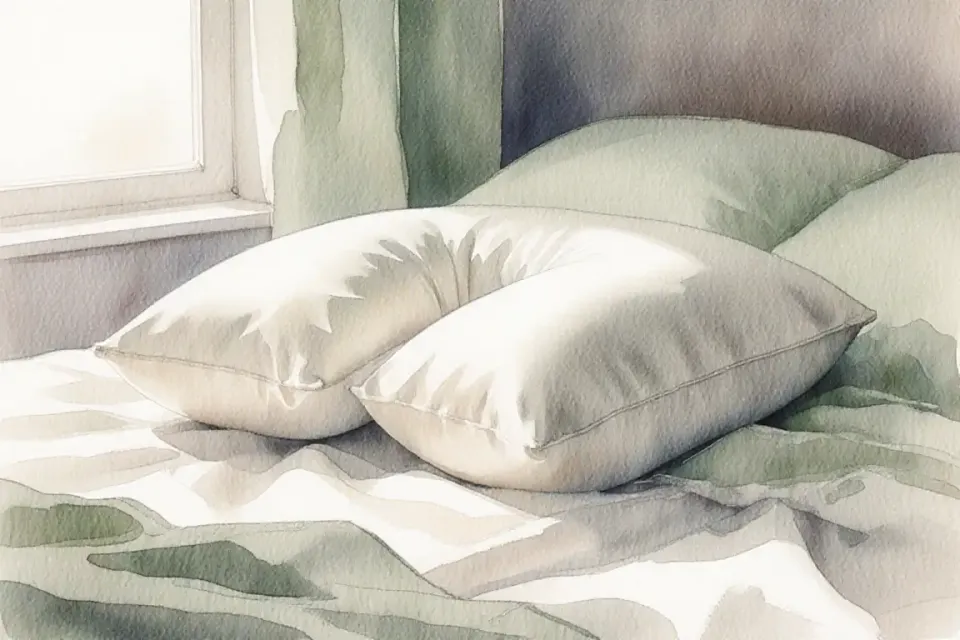 Peinture aquarelle montrant un gros plan de l'aménagement d'un coussin de grossesse sur un lit, textures douces des tissus dans des tons crème et vert sauge, douce lumière de l'après-midi provenant d'une fenêtre voisine, le coussin positionné pour soutenir les genoux et le ventre, draps en lin confortables avec de légères rides, composition chaleureuse et accueillante, peinte avec des lavis aquarelle fluides et des détails délicats, effet de profondeur de champ peu profond, atmosphère domestique réconfortante