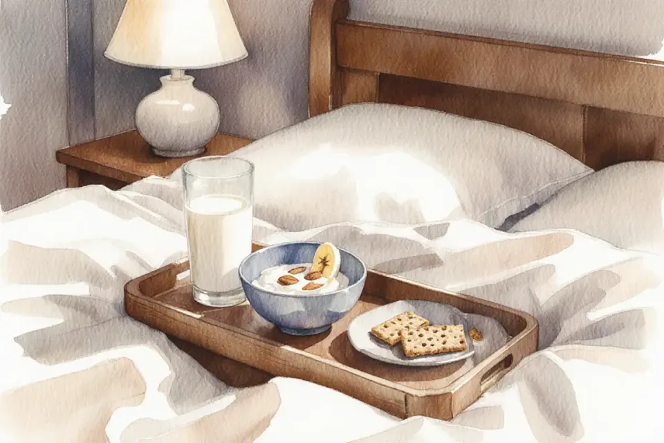 Composition de nature morte aquarelle montrant un aménagement parfait pour un en-cas au coucher, petit bol de yaourt nature avec des tranches de banane et des amandes, verre de lait chaud, crackers aux flocons d'avoine sur une assiette en céramique, douce lumière du soir provenant d'une lampe de chevet, teintes atténuées de crème, miel et marron doux, peint avec des lavis de peinture aquarelle lâches et des détails fins sur les textures alimentaires, atmosphère réconfortante et nourrissante, perspective intime comme si vue depuis le lit