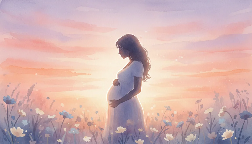 Watercolor illustration showing a pregnant woman of South Asian descent standing in profile against a sunset sky filled with soft orange, pink and purple hues, she places both hands gently on her belly, her silhouette backlit creating a glowing effect, wildflowers in the foreground in soft focus, the composition emphasizes connection between mother and unborn child, ethereal watercolor technique with flowing washes, the scene radiates quiet strength and acceptance, wide angle perspective capturing both earth and expansive sky, deeply emotional and hopeful atmosphere