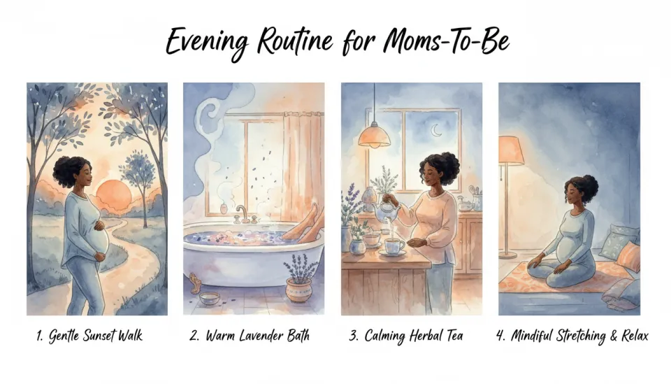 Illustration infographique aquarelle montrant une routine du soir étape par étape pour les femmes enceintes, quatre panneaux reliés dans des bleus doux et des oranges chauds, le premier panneau montre une femme d'origine africaine se promenant dans un parc au coucher du soleil, le deuxième panneau représente un bain chaud avec de la lavande, le troisième panneau montre une préparation de thé aux herbes dans une cuisine confortable, le quatrième panneau illustre des étirements doux sur un tapis de yoga, technique aquarelle fluide avec des étiquettes calligraphiées en écriture élégante, style à la fois éducatif et artistique, progression paisible de l'activité vers le repos
