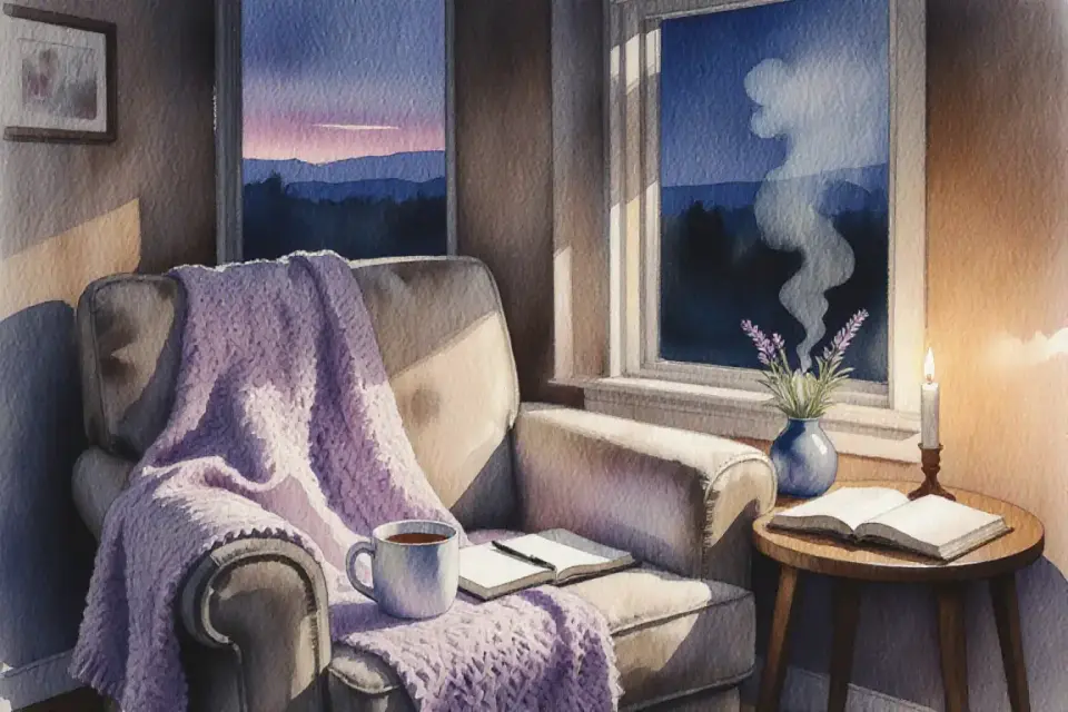 Atmospheric watercolor still life composition titled ritual of calm, showing a cozy nursing corner with a plush armchair, soft knitted blanket draped over armrest, small side table with herbal tea in ceramic mug, lavender sprig, open journal with pen, diffuser releasing gentle mist, warm candlelight, window showing twilight sky in deep blues and soft purples, intimate low angle perspective, rich depth of field, color harmony of deep indigo, warm amber, and soft lavender, suggesting sacred peaceful routine