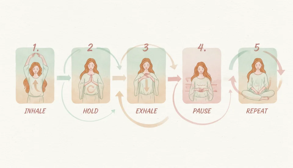 Watercolor infographic panel illustration in soft pastel tones showing step-by-step breathing technique, five connected frames depicting a European mother with auburn hair demonstrating breath-hold-release cycle, gentle arrows indicating breath flow direction, numbered steps 1 through 5, instructional yet artistic style, text labels reading INHALE - HOLD - EXHALE - PAUSE - REPEAT in elegant handwritten font, color scheme of soft mint, blush pink, and warm beige, educational composition with clear visual hierarchy
