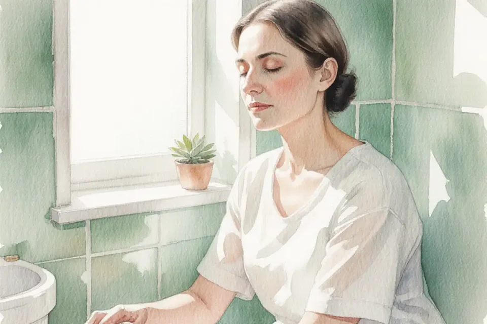Intimate watercolor scene of a European mother sitting peacefully in a small, bright bathroom, eyes closed, hands resting gently on her knees, soft natural light from a frosted window, calming mint green and white tones, a small succulent on the shelf, close-up perspective focusing on her serene face, shallow depth of field, quiet moment of self-care, gentle and compassionate atmosphere