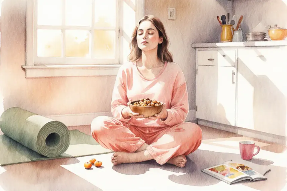 Mutter geniesst gesunden Snack in ruhigem Moment zu Hause