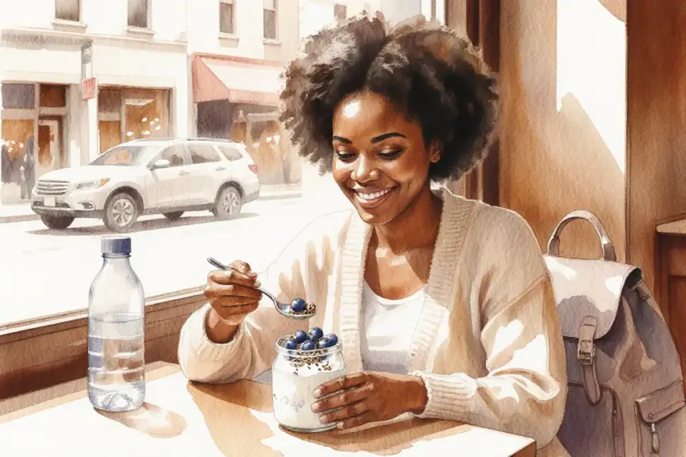 Watercolor scene in warm amber and cream tones: close-up of a young African mother with natural curls, wearing a cozy cardigan, sitting at a cafe table by a large window; she smiles softly while spooning Greek yogurt topped with fresh blueberries and chia seeds from a glass jar; beside her sits a reusable water bottle and a small backpack; blurred city street visible through window; painted with expressive brushstrokes capturing a moment of peaceful nourishment amid busy motherhood, shallow depth of field effect