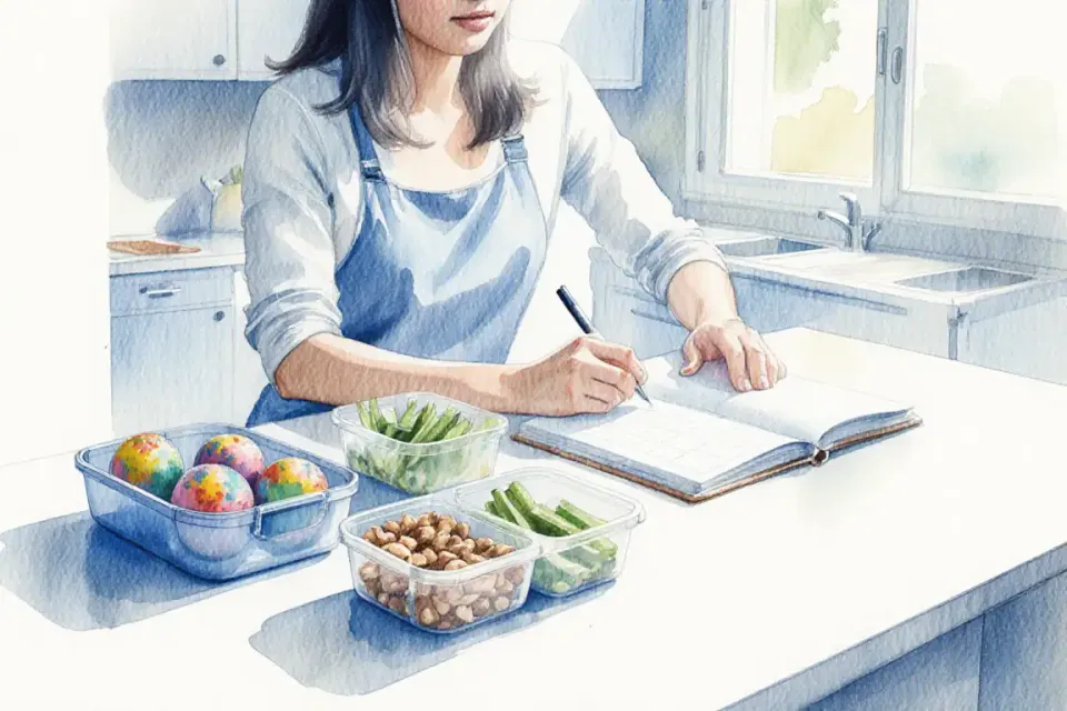 Watercolor illustration in cool blues and fresh greens: wide-angle view of a bright, organized kitchen counter with meal prep containers neatly arranged; one container holds colorful energy balls, another shows portioned nuts, a third contains cut vegetable sticks; a young Asian mother in casual clothes stands slightly out of focus in the background, writing on a weekly planner; morning light floods through a window; the scene conveys preparation, organization, and self-care with loose, impressionistic watercolor technique