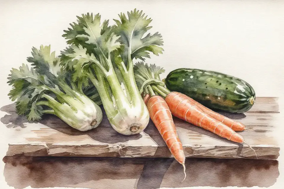 Watercolor still life composition on a rustic wooden table, featuring fresh vegetables arranged artistically: celery stalks with vibrant green leaves, bright orange carrots with feathery tops still attached, cucumber slices showing their fresh interior, soft afternoon light casting gentle shadows, earth tones mixed with fresh greens, painted in loose watercolor style with visible paper texture, celebrating wholesome ingredients and natural nutrition