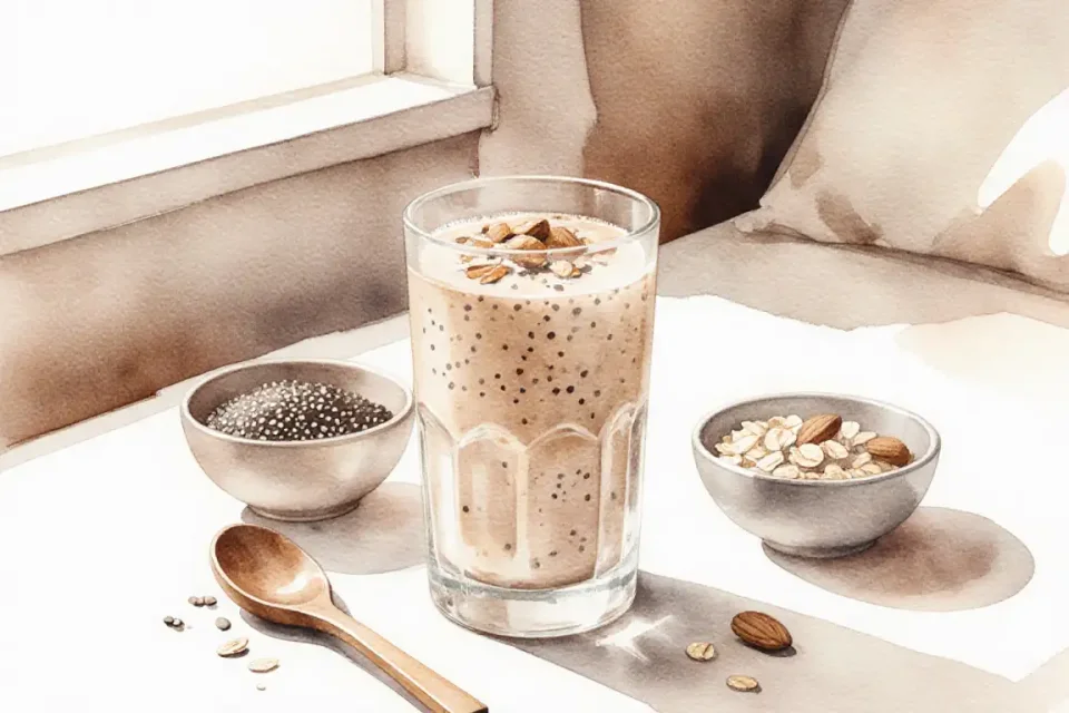 Watercolor illustration of a cozy breakfast nook bathed in soft morning light, a tall frosted glass filled with creamy beige smoothie topped with scattered oats, surrounded by small bowls containing chia seeds, almonds, and rolled oats, a wooden spoon resting nearby, warm neutral tones of cream, tan and soft brown, painted with gentle watercolor washes and delicate details, conveying comfort and sustained nourishment