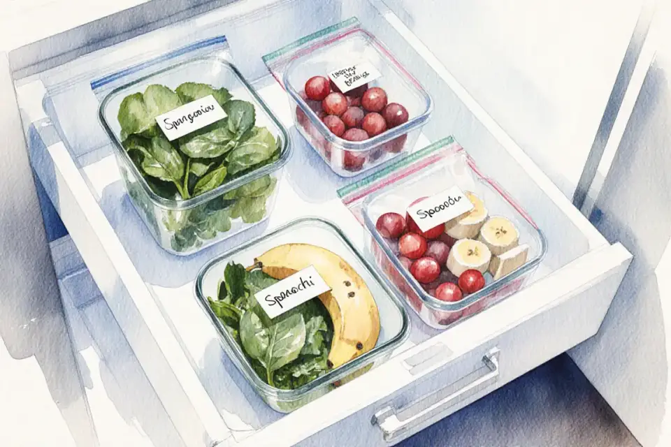 Watercolor illustration from a high angle perspective showing an open freezer drawer filled with labeled glass containers and zip-lock bags containing pre-portioned smoothie ingredients, vibrant greens of spinach, yellow banana pieces, red berries visible through transparent bags, soft freezer light creating a cool blue-white glow, organized and practical composition, painted with crisp watercolor details and subtle frost effects, conveying meal prep efficiency and maternal planning