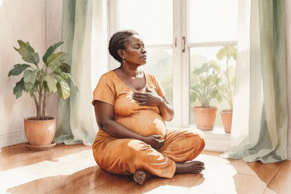 Watercolor illustration of an African mother sitting cross-legged on a sunlit wooden floor near a large window, eyes gently closed, one hand on her chest and one on her belly, soft morning light streaming through sheer curtains, potted plants in the background, warm earthy tones of ochre and sage green, peaceful and grounded atmosphere, medium shot at eye level, shallow depth of field, serene and intimate mood