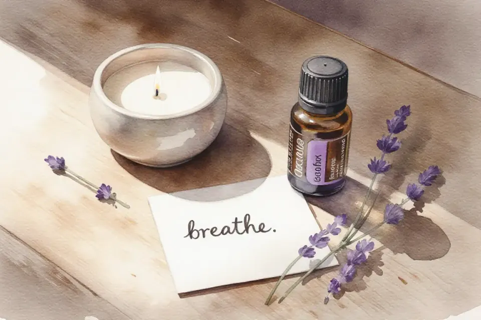 Watercolor still life composition on a wooden surface, featuring a lit beeswax candle in a ceramic holder, a small glass bottle of lavender essential oil, a handwritten note saying "breathe", soft natural light from the side, gentle shadows, muted tones of cream, lavender, and warm brown, overhead shot with deep depth of field, calm and ritualistic atmosphere, inviting and grounding