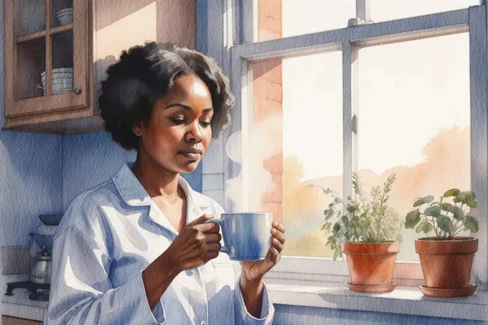 Watercolor illustration of an African mother in comfortable pajamas standing by a kitchen window at dawn, holding a warm mug with both hands, soft blue and orange sunrise light illuminating her peaceful face, potted herbs on the windowsill, gentle steam rising from the cup, quiet domestic tranquility, medium shot at eye level, 50mm lens feel with natural bokeh, cool morning tones blending with warm interior light