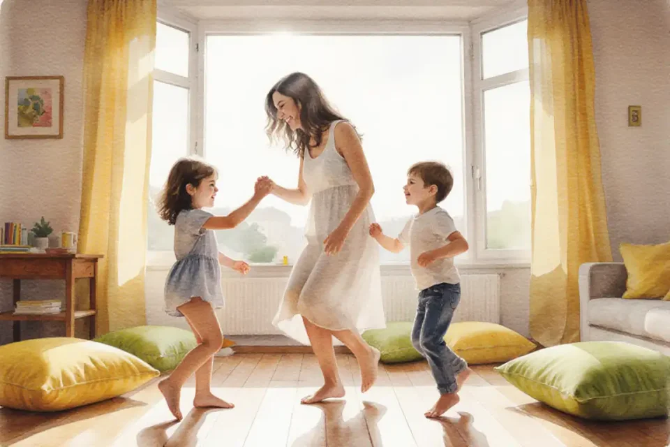 Warm watercolor scene showing a Portuguese mother and her two young children dancing barefoot in a sunlit living room, soft morning light through large windows, colorful cushions scattered on wooden floor, motion blur suggesting joyful movement, vibrant yellows and greens, wide angle 24mm perspective capturing the whole room, playful energy and connection, deep depth of field showing family togetherness
