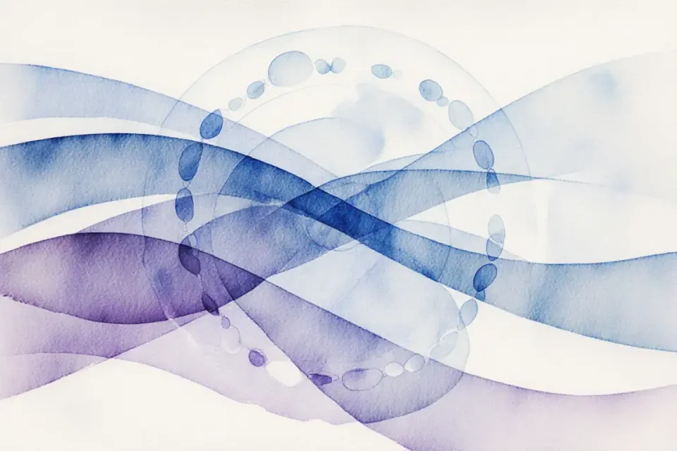 Abstract watercolor visualization of breath and calm, flowing gradient waves in soft blues, purples and whites representing inhale and exhale rhythms, gentle circular mandala-like patterns suggesting centered energy, no human figures, conceptual and meditative mood, ethereal light quality, close-up macro perspective, dreamy shallow focus with soft edges blending into light background