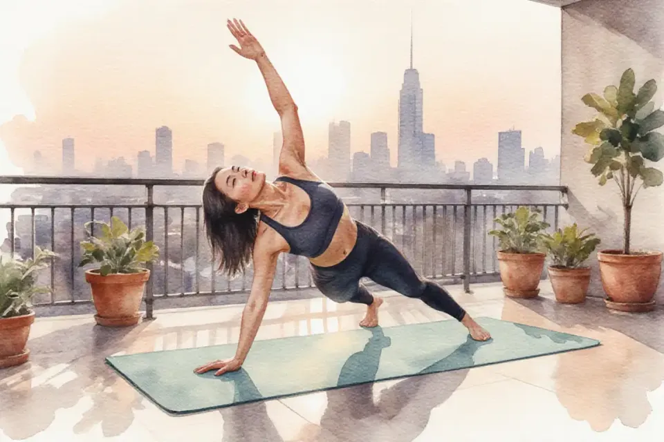 Watercolor painting of an Asian mother in athletic wear doing a gentle yoga pose on a balcony at sunrise, city skyline softly visible in background, yoga mat in muted teal color, potted plants around her, warm peachy sunrise light, serene focused expression, low angle shot looking slightly up, 85mm portrait feel with blurred background, sense of personal strength and tranquility