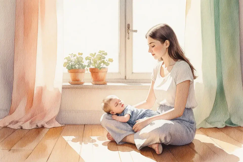 Soft watercolor illustration of a young European mother sitting cross-legged on a sunlit wooden floor beside a large window, her toddler peacefully resting in her lap, both with closed eyes and serene expressions, warm golden afternoon light streaming through sheer curtains, potted plants on the windowsill, gentle pastel tones of peach and mint green, shallow depth of field, intimate close-up perspective, atmosphere of deep calm and connection