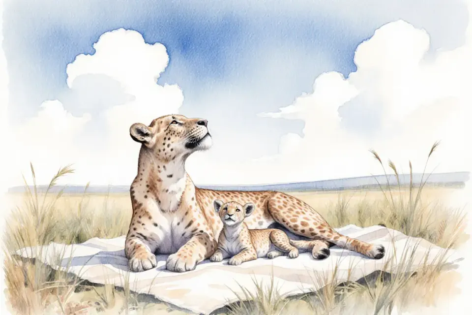 Dreamy watercolor scene showing an African mother and her baby lying side by side on a soft cream-colored blanket in a meadow, both looking up at a clear blue sky with fluffy clouds, gentle breeze moving tall grass around them, wide-angle 24mm perspective capturing the vastness of the sky, soft focus on the horizon, colors of sky blue and warm earth tones, peaceful and expansive atmosphere