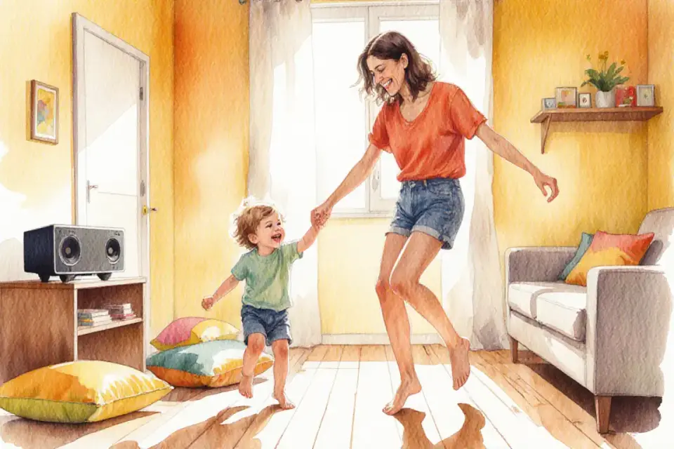 Vibrant watercolor illustration of a Portuguese mother and her young child dancing barefoot in a cozy living room filled with morning light, colorful cushions scattered on a wooden floor, a small speaker on a shelf, both smiling and moving freely, medium shot from eye level, warm yellow and orange tones, joyful and energetic atmosphere, sense of playful connection