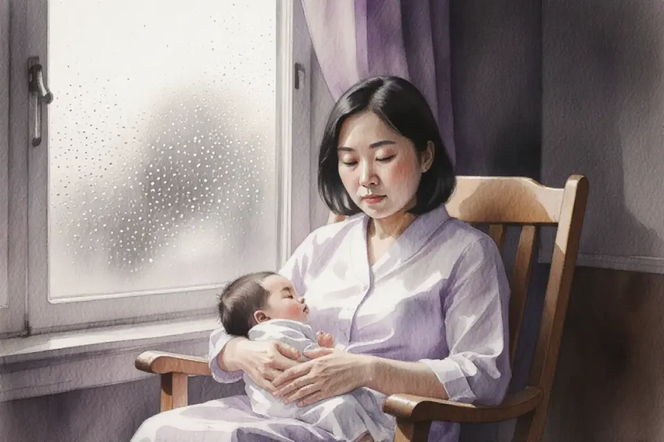 Soft-focus watercolor painting of an Asian mother sitting in a rocking chair by a rain-streaked window, gently cradling her sleeping infant, her gaze soft and present, raindrops visible on the glass, muted tones of grey and soft lavender, intimate 85mm portrait perspective, shallow depth of field blurring the background, quiet and meditative atmosphere