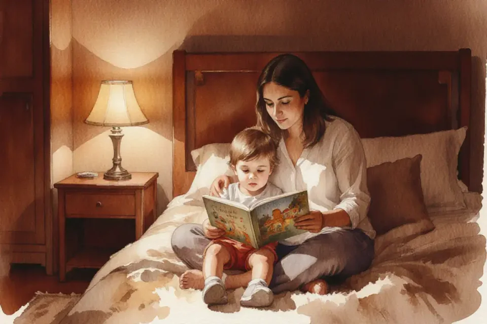 Warm watercolor scene of a Spanish mother and her toddler sitting together on a soft rug in a dimly lit bedroom, a small bedside lamp casting a golden glow, the mother reading a picture book while the child leans against her shoulder, cozy and intimate setting, low angle shot emphasizing the warmth of the lamp light, earthy tones of terracotta and cream, peaceful bedtime atmosphere