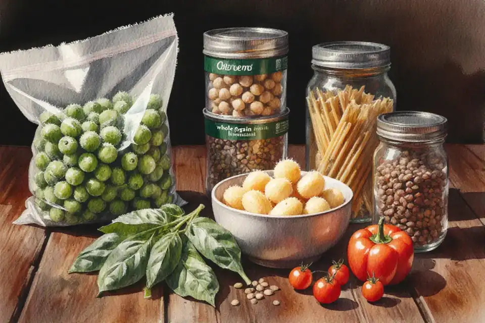 Watercolor still life composition on a rustic wooden table, colorful ingredients arranged artfully: bags of frozen peas and spinach with frost crystals, fresh gnocchi in a ceramic bowl, cans of chickpeas and lentils, whole grain pasta in glass jars, vibrant bell peppers and cherry tomatoes, soft natural light from above, rich earthy tones of terracotta and forest green, medium shot with deep focus, 50mm lens perspective, inviting and abundant feeling