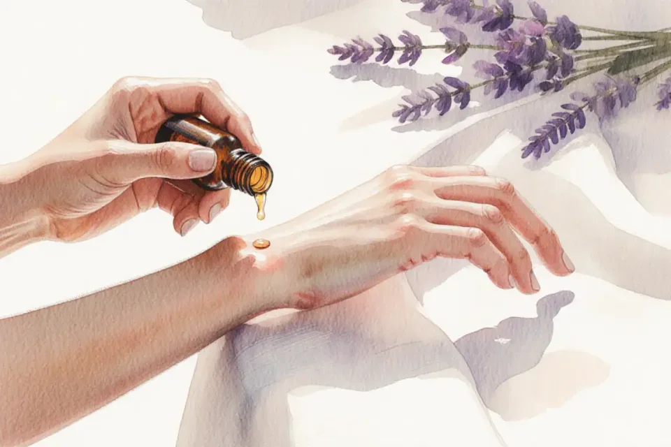 Close-up of elegant hands with natural nails gently applying essential oil from a small amber glass bottle onto the inner wrist, soft morning light streaming from the left, delicate skin texture visible, background blurred showing hints of lavender sprigs and a white linen cloth, warm cream and soft purple tones, intimate and calming mood, macro photography feel with shallow focus, watercolor illustration with fine detail and gentle color washes