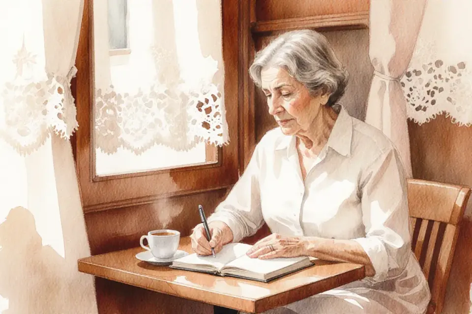 Watercolor scene of a Portuguese mother sitting at a small wooden table in a cozy café corner, writing thoughtfully in a journal with a fountain pen, a cup of espresso beside her. Soft afternoon light streams through lace curtains, casting gentle patterns. The palette is warm ochre, soft cream, and muted terracotta, evoking calm introspection and creative self-discovery.