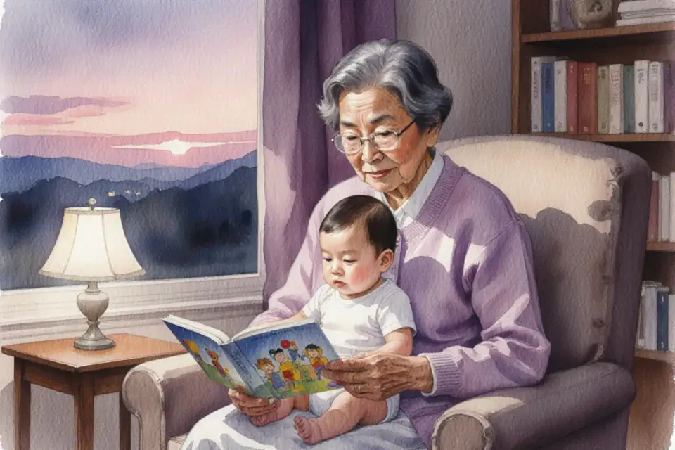 Watercolor scene of an Asian grandmother in soft cardigan sitting in a comfortable armchair by a window showing twilight sky, holding a picture book with simple illustrations, baby in white onesie nestled in her lap looking at colorful pages, small reading lamp casting warm glow, bookshelf in soft focus background, intimate portrait angle at 85mm perspective, shallow depth of field, gentle purples and warm beiges, cozy evening atmosphere